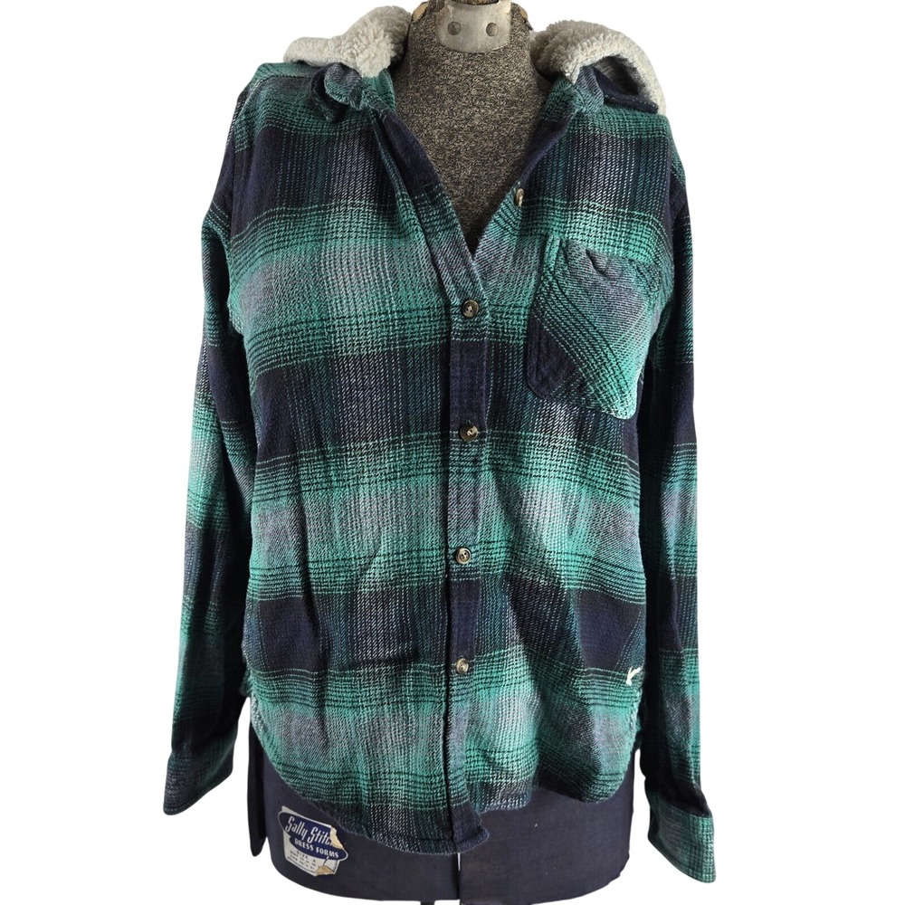 American Eagle Flannel Shirt Hoodie Women's XS Green Plaid Vintage Fit Shacket